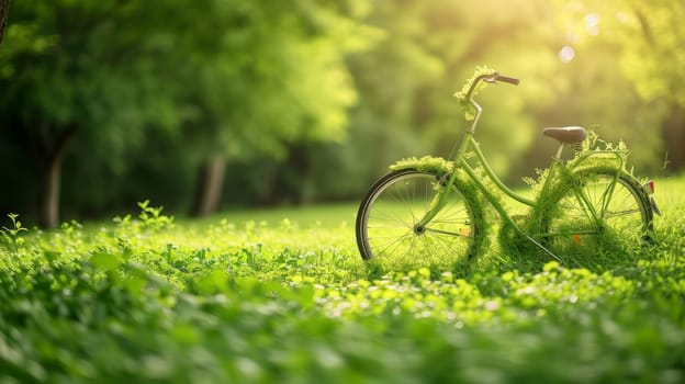 Vintage bicycle overtaken by greenery, creating a whimsical scene in a lush meadow