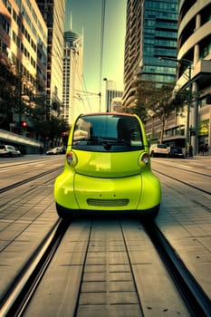 Bright green eco-friendly car standing out in a modern urban environment with skyscrapers