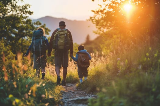 Back view of a family trekking on a mountain trail at sunset, enjoying the outdoor experience together