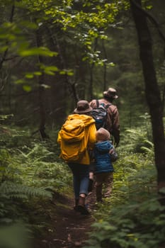 Family walking on a narrow trail through a dense green forest, enjoying a peaceful hike together