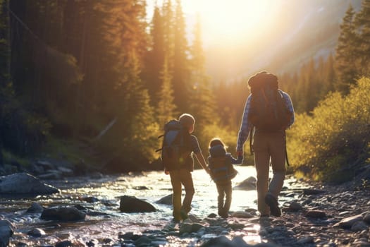 Family with backpacks trekking along a river bank, immersed in golden sunset light filtering through forest trees