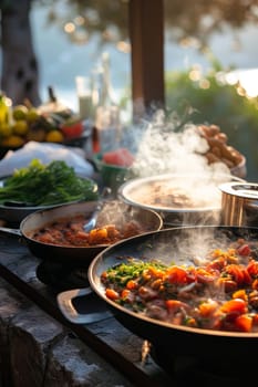 Steam rises from a sizzling pan during an outdoor cooking session with fresh ingredients on a sunny day