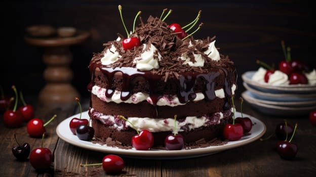 Black forest cake decorated with whipped cream and cherries. AI