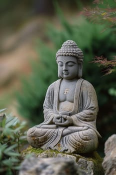 Stone Buddha statue seated in meditation among lush greenery in a peaceful garden setting