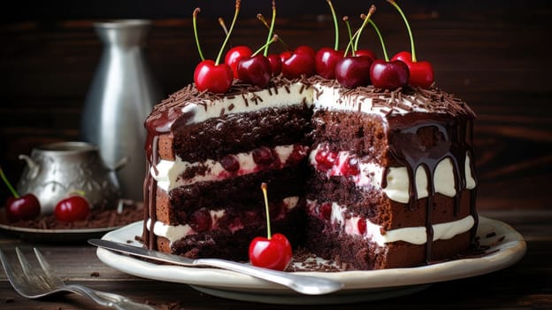 Black forest cake decorated with whipped cream and cherries. AI