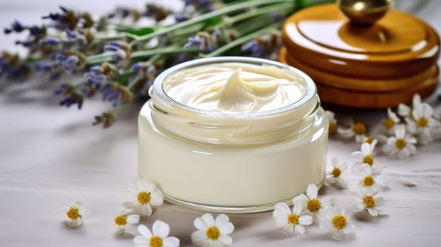 Body cream white essential oil, chamomile daisy flowers and Lavender. Herbal cosmetic products. Soft focus. AI