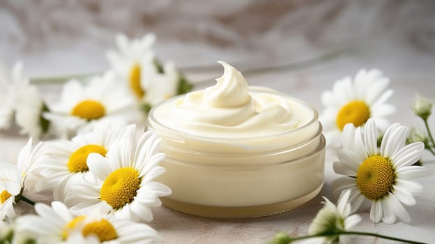 Body cream white essential oil, chamomile daisy flowers. Herbal cosmetic products. Soft focus. AI