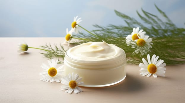 Body cream white essential oil, chamomile daisy flowers. Herbal cosmetic products. Soft focus. AI