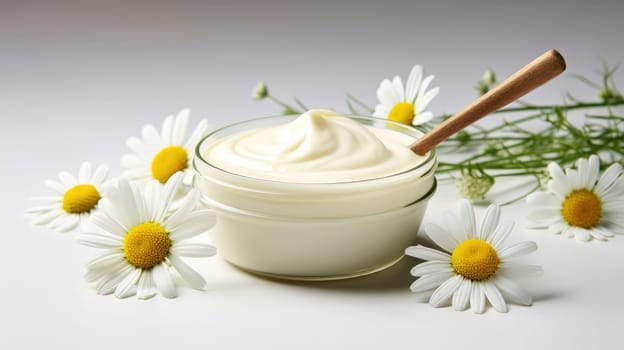 Body cream white essential oil, chamomile daisy flowers. Herbal cosmetic products. Soft focus. AI