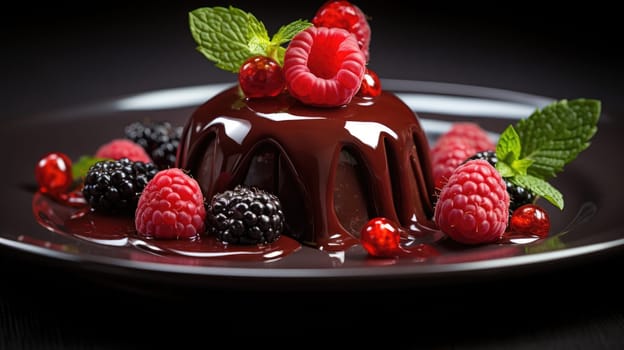 Chocolate brownie in gazuri with fresh forest berries. Chocolate dessert. AI