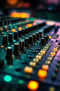 Music mixer console with illuminated knobs and sliders in a dimly lit studio, capturing the essence of sound engineering