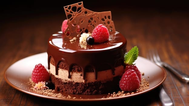 Chocolate mousse Lava Cake on gold dish. Luxurious chocolate Mousse on chocolate sponge cake AI