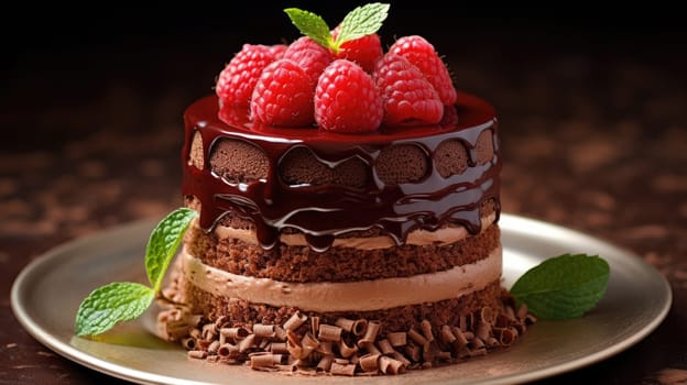 Chocolate mousse Lava Cake on white dish. Luxurious chocolate Mousse on chocolate sponge cake AI