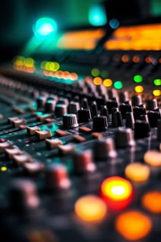 Music mixer console with illuminated knobs and sliders in a dimly lit studio, capturing the essence of sound engineering