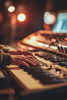 Music artist's hands playing chords on a synthesizer in a studio, with focus on the interaction with the instrument