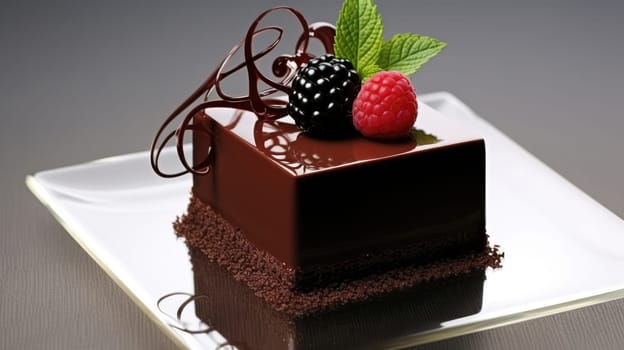 Chocolate mousse Lava Cake on white dish. Luxurious chocolate Mousse on chocolate sponge cake AI