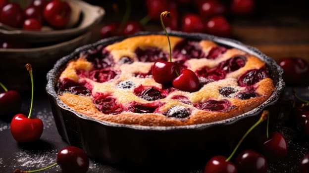 Clafoutis cherry pie on rustic wooden background. Luxurious cherry clafoutis AI