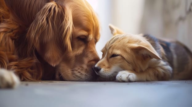 Intimate scene of a golden retriever and a corgi lying close, nose to nose, in a serene setting