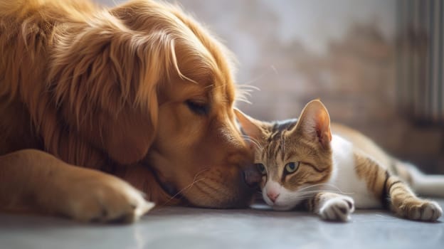 Golden retriever and tabby cat lying together, exemplifying interspecies friendship and comfort