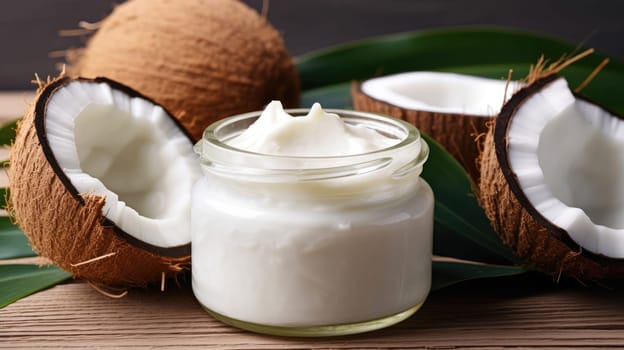 Coconut beauty skincare products. White cream with extract of Coconut. Mockup AI