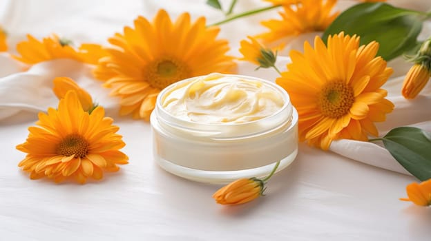Cosmetic jar of marigold soothing body care cream. Cream with extract of Calendula on a light background AI
