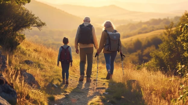 Elderly couple with granddaughter walking on a mountain path during a sunny autumn day