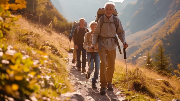 Family of four on a hiking trail in the mountains enjoying a summer day