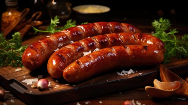 Grilled sausages on a wooden table. Puffed German sausages Brandenburger AI