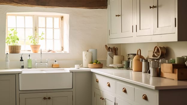 Farmhouse kitchen decor and interior design, English in frame kitchen cabinets in a country house, elegant cottage style inspiration