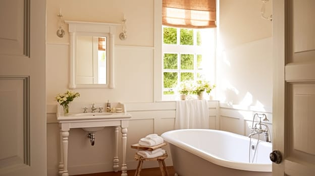 White manor bathroom decor, interior design and home decor, bathtub and bathroom furniture, English country house and cottage style inspiration