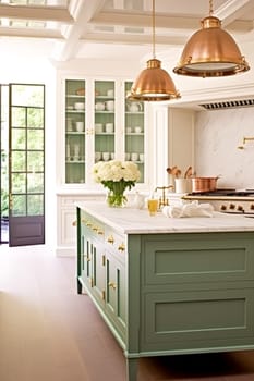 Kitchen decor, interior design and house improvement, bespoke sage green English in frame kitchen cabinets, countertop and appliance in a country house, elegant cottage style idea