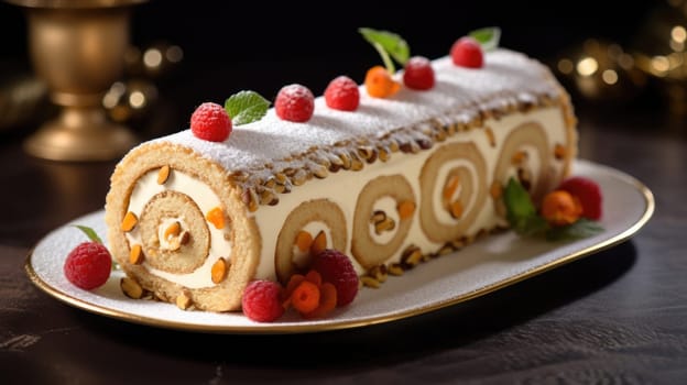 Marzipan roulade decorated with fresh berries. Sweet dessert for tea AI