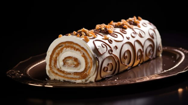 Marzipan roulade decorated with nuts. Sweet dessert for tea AI