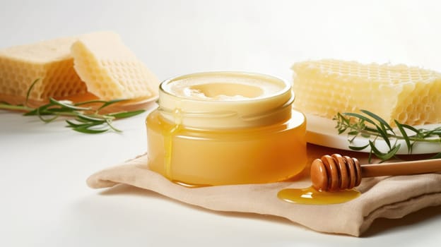 Medicinal cream from beeswax good for skin. Ingredients for making homemade skin cream on background. Side view. AI