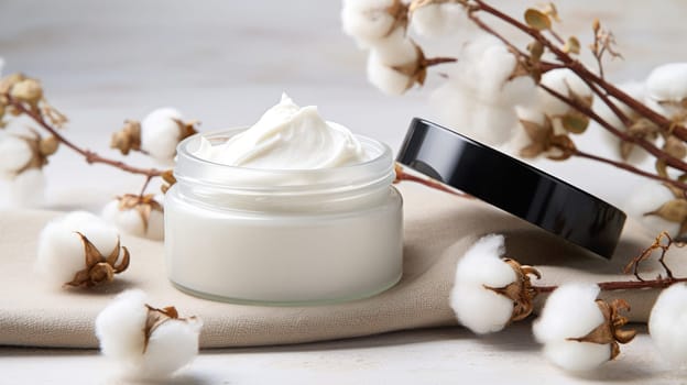 Natural organic eco cosmetics. Cream with extract of Cotton on a light background AI