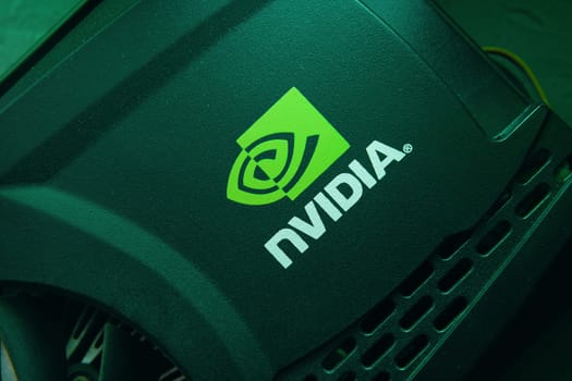 28 June 2019 Bishkek, Kyrgyzstan: Nvidia logo. Merchandise of a famous company on a video card. Inventor of the GPU.