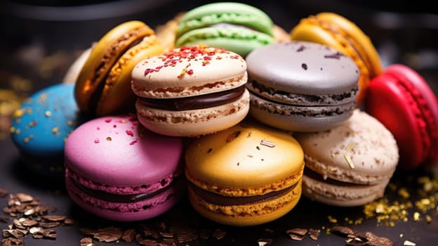 Traditional colorful french macarons are sweet meringue-based confection. Gourmet macarons AI