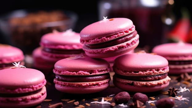 Traditional colorful french macarons are sweet meringue-based confection. Gourmet macarons AI