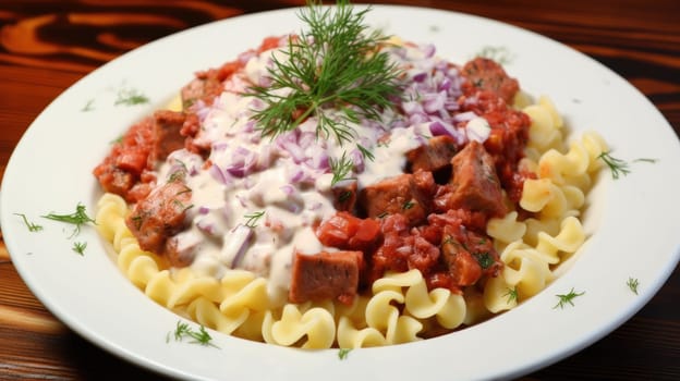 Traditional Czech Gourmet pasta three cops with meat and sauce AI