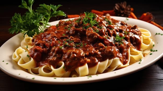 Traditional Czech Gourmet pasta three cops with meat and sauce AI