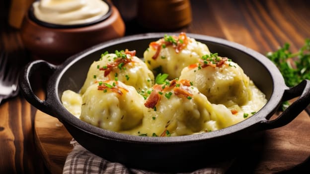 Traditional Czech Tender potato dumplings with bacon and cabbage AI