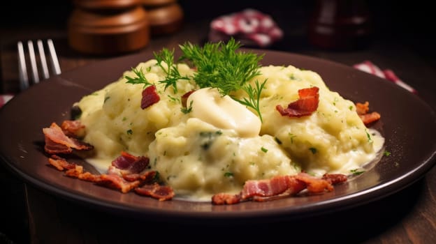 Traditional Czech Tender potato dumplings with bacon and cabbage AI