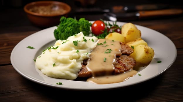 Traditional German pork Schnitzel with cream sauce AI