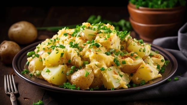 German cuisine. Traditional German Spicy potato salad Kartoffelsalat AI