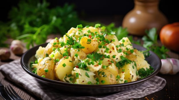 German cuisine. Traditional German Spicy potato salad Kartoffelsalat AI