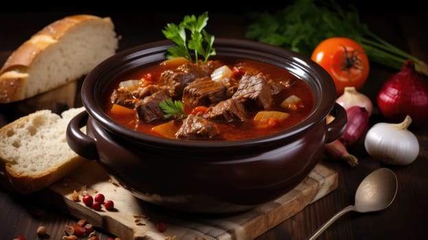 Traditional goulash soup with potatoes and beef meat AI