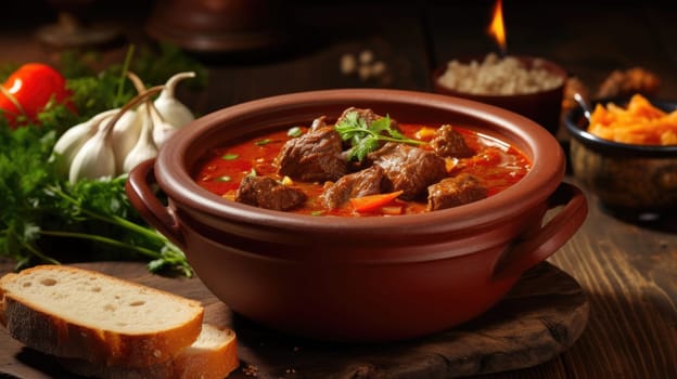 Traditional goulash soup with potatoes and beef meat AI