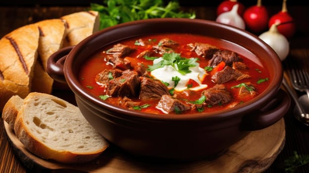 Traditional goulash soup with potatoes and beef meat AI