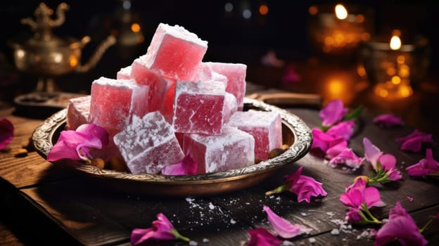 Traditional Turkish delight. Ramadan Kareem celebration concept. Turkish sweets in national dishes. AI