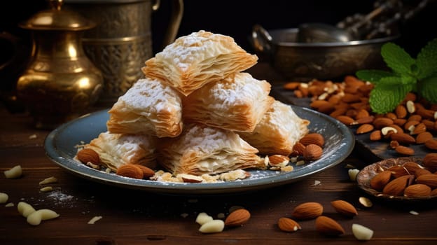 Traditional turkish dessert antep baklava. Powdered baklavas with nuts. Holiday desserts concept AI